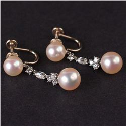 Ladies Pearl Earrings in White 14K Gold with Diamonds