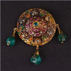 Vintage Brooch/Pendant in yellow 14K Gold, set with Diamonds, Sapphires and Emeralds