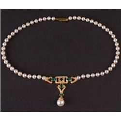 Ladies Pearl Necklace in Yellow 18K Gold with Emeralds and Diamonds