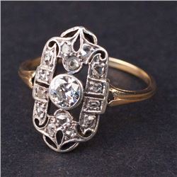 Vintage Ladies Ring in Yellow 14K Gold and Silver with Diamonds