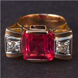 Ladies Ring in Yellow 18K Gold with Synthetic Ruby and Diamonds
