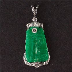 Ladies Jade Pendant in White & Yellow 14K Gold with Diamonds