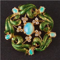 Ladies enamelled Brooch in Yellow 14K Gold with Opals and Diamonds
