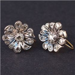 Vintage "Flower Design" Earrings in Silver and Yellow 18K and 10K Gold with Diamonds