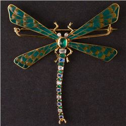 Ladies "Dragonfly Design" Brooch in Yellow 18K Gold and Platinum with Emeralds, Sapphires and Diamon