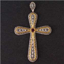 Ladies "Cross Design" Pendant in Yellow and White 18K Gold with Ruby