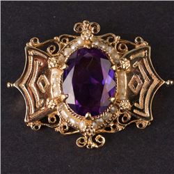 Vintage Ladies Brooch in Yellow 14K Gold with Pearls and Synthetic Stones