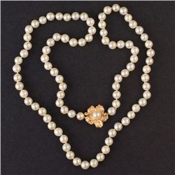 Pearl Necklace with Flower Hidden Box Clasp in Yellow 14K Gold