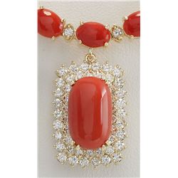 47.41CTW Natural Red Coral And Diamond Necklace In 14K Yellow Gold