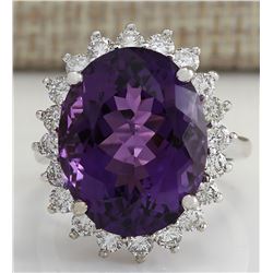14.82CTW Natural Amethyst And Diamond Ring In 14K Solid White Gold