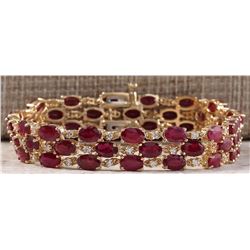 38.13CTW Natural Ruby And Diamond Bracelet In 14K Solid Yellow Gold
