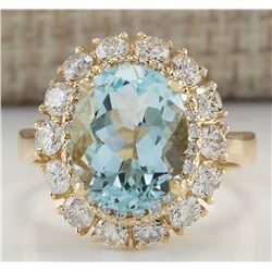 5.15CTW Natural Blue Aquamarine And Diamond Ring In 14K Yellow Gold