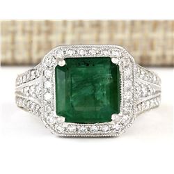 4.88 CTW Natural Emerald And Diamond Ring In 14k White Gold