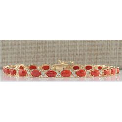 8.77CTW Natural Red Coral And Diamond Bracelet In 14K Yellow Gold
