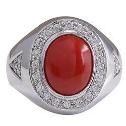 3.50CTW Natural Red Coral And Diamond Ring 14K Solid White Gold