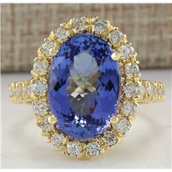 7.92CTW Natural Blue Tanzanite And Diamond Ring In 18K Solid Yellow Gold