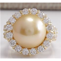 2.00CTW Natural 13.18Mm Gold South Sea Pearl Diamond Ring 14K Yellow Gold