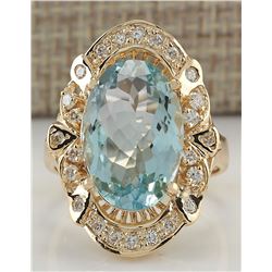 6.43CTW Natural Blue Aquamarine And Diamond Ring 14K Solid Yellow Gold