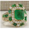 Image 2 : 6.90CTW Natural Emerald And Diamond Ring 14K Solid Yellow Gold