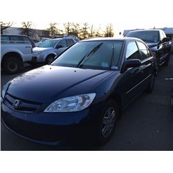 2005 HONDA CIVIC SE, 4 DOOR SEDAN, BLUE, VIN # 2HGES15335H001253