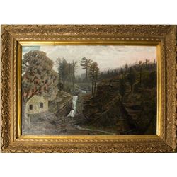 Oil Painting of Stone Building by Stream