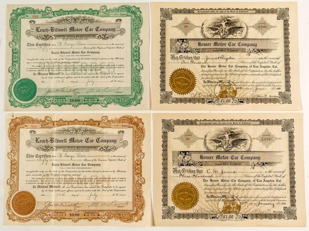 Four Automobile Company Stock Certificates Holabird Western Americana Four Automobile Company Stock Certificates Holabird Western Americana