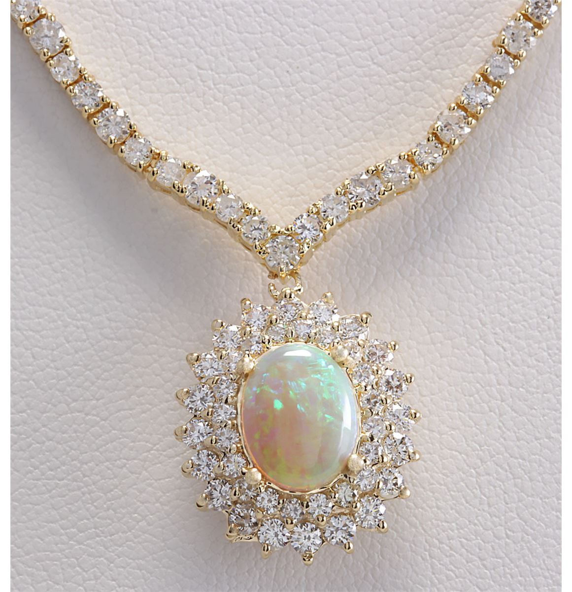 12.45CTW Natural Australian Opal And Diamond Necklace In 14K Yellow Gold