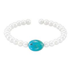 Turquoise & White Cultured Freshwater Pearl Cuff 7.5 Inch Bracelet - .925 Sterling Silver