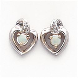 14K White Gold .01Ct Diamond & Opal Birthstone Heart Earrings