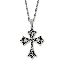 Stainless Steel Black IP-Plated Fancy Scroll Cross 20In Necklace