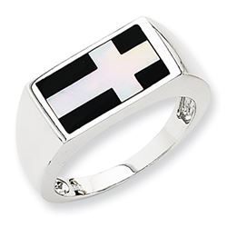 14K White Gold Onyx And White Agate Cross Ring