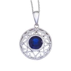 14K White Gold Sapphire Filigree Pendant With 18" Chain