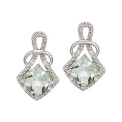 14K White Gold Green Amethyst And Diamond Earrings