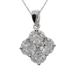 14K White Gold Clover Cluster Diamond Pendant With 18" Chain