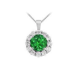 Emerald and Diamond Circle Pendant : 14K White Gold - 1.50 CT TGW