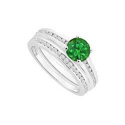 Emerald and Diamond Engagement Ring with Wedding Band Set : 14K White Gold - 0.75 CT TGW