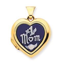 14K Polished Heart-Shaped #1Mom  Agate Cameo Inlay Locket