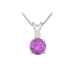 Diamond and Amethyst Solitaire Pendant : 14K White Gold - 1.00 CT TGW