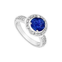 Sapphire and Diamond Halo Engagement Ring : 14K White Gold - 1.50 CT TGW