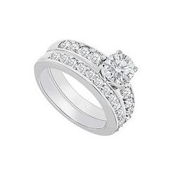 14K White Gold : Diamond Engagement Ring with Wedding Band Set 1.50 CT TDW