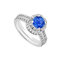 14K White Gold Blue Sapphire & Diamond Engagement Ring with Wedding Band Sets 1.60 CT TGW