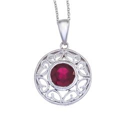 14K White Gold Ruby Filigree Pendant With 18" Chain