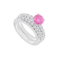 14K White Gold : Pink Sapphire and Diamond Engagement Ring with Wedding Band Set 1.50 CT TGW