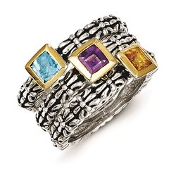 Sterling Silver W/14K Amethyst/Blue Topaz/Citrine 3 Stackable Rings