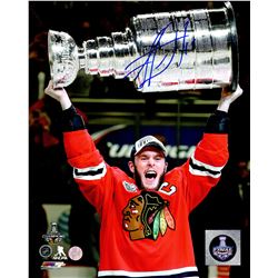 Jonathan Toews Signed Chicago Blackhawks 2015 Stanley Cup Holding Trophy 8X10 Photo