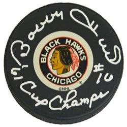 Bobby Hull Signed Chicago Blackhawks Original Six Logo Hockey Puck W/61 Champs