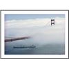 Image 1 : Blanket of fog covers part of bridge as tanker approaches bridge framed black metal white matte