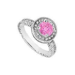Pink Sapphire and Diamond Halo Engagement Ring : 14K White Gold - 1.50 CT TGW