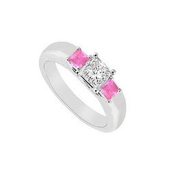Three Stone Diamond and Pink Sapphire Ring : 14K White Gold - 0.25 CT TGW