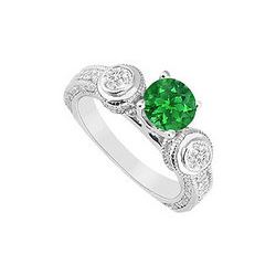 Emerald and Diamond Engagement Ring : 14K White Gold - 2.00 CT TGW